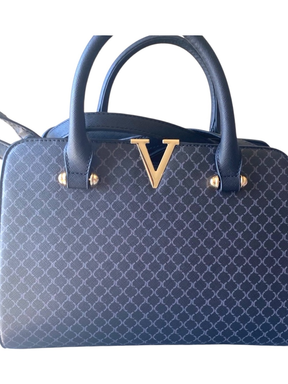 Navy Patterned Satchel with Gold V Accent